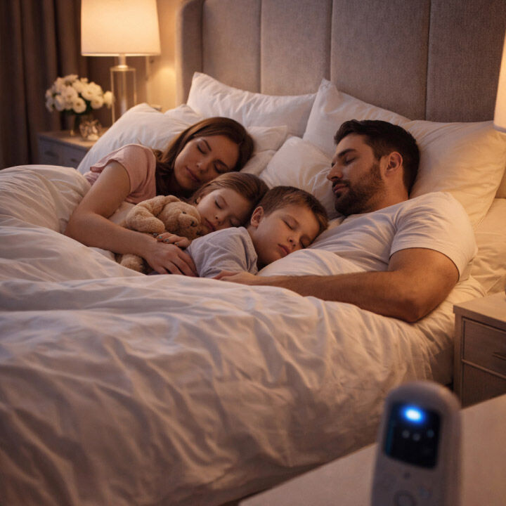 Familia dormida en colch&oacute;n 