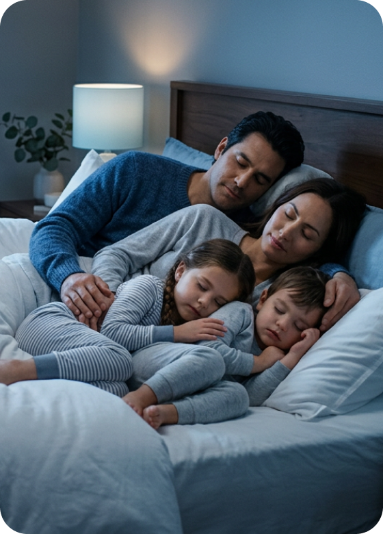 Familia dormida en colch&oacute;n 