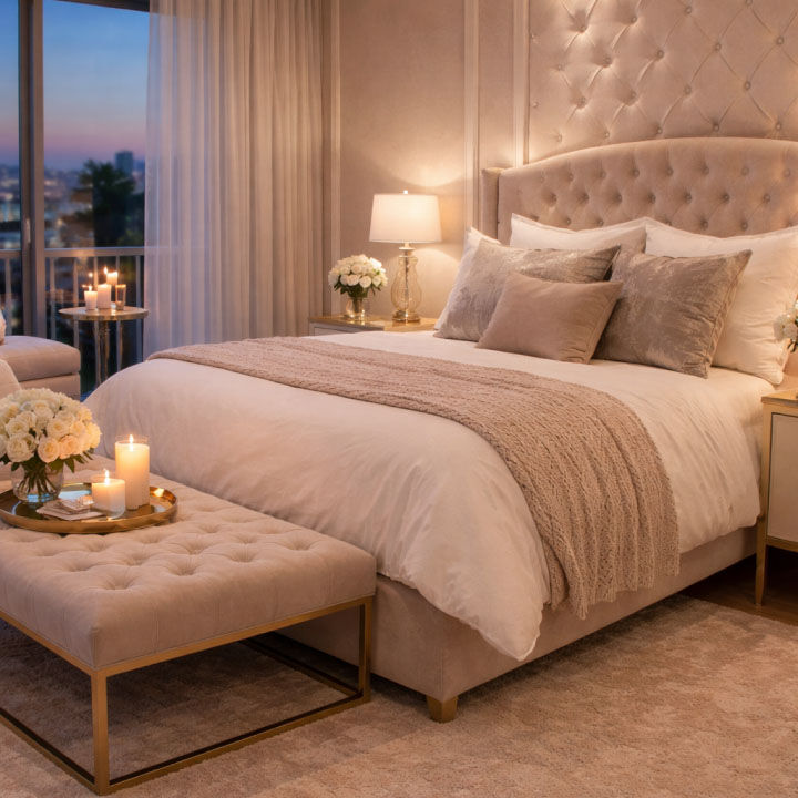 Habitaci&oacute;n, cama con edred&oacute;n y almohadas. 