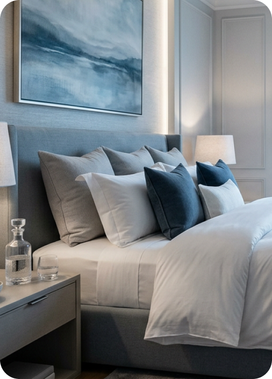 Habitaci&oacute;n, cama con edred&oacute;n y almohadas. 