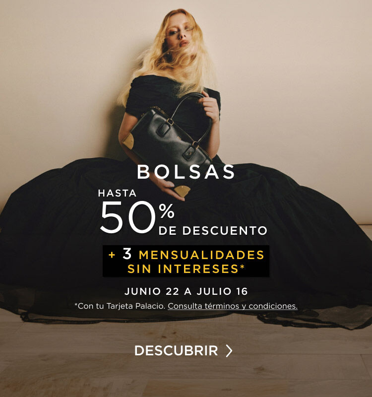 Banner promocional de bolsas con modelo rubia sosteniendo un bolso de mano negro