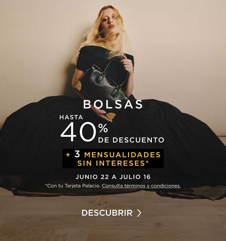 Banner promocional de bolsas con modelo rubia sosteniendo un bolso de mano negro