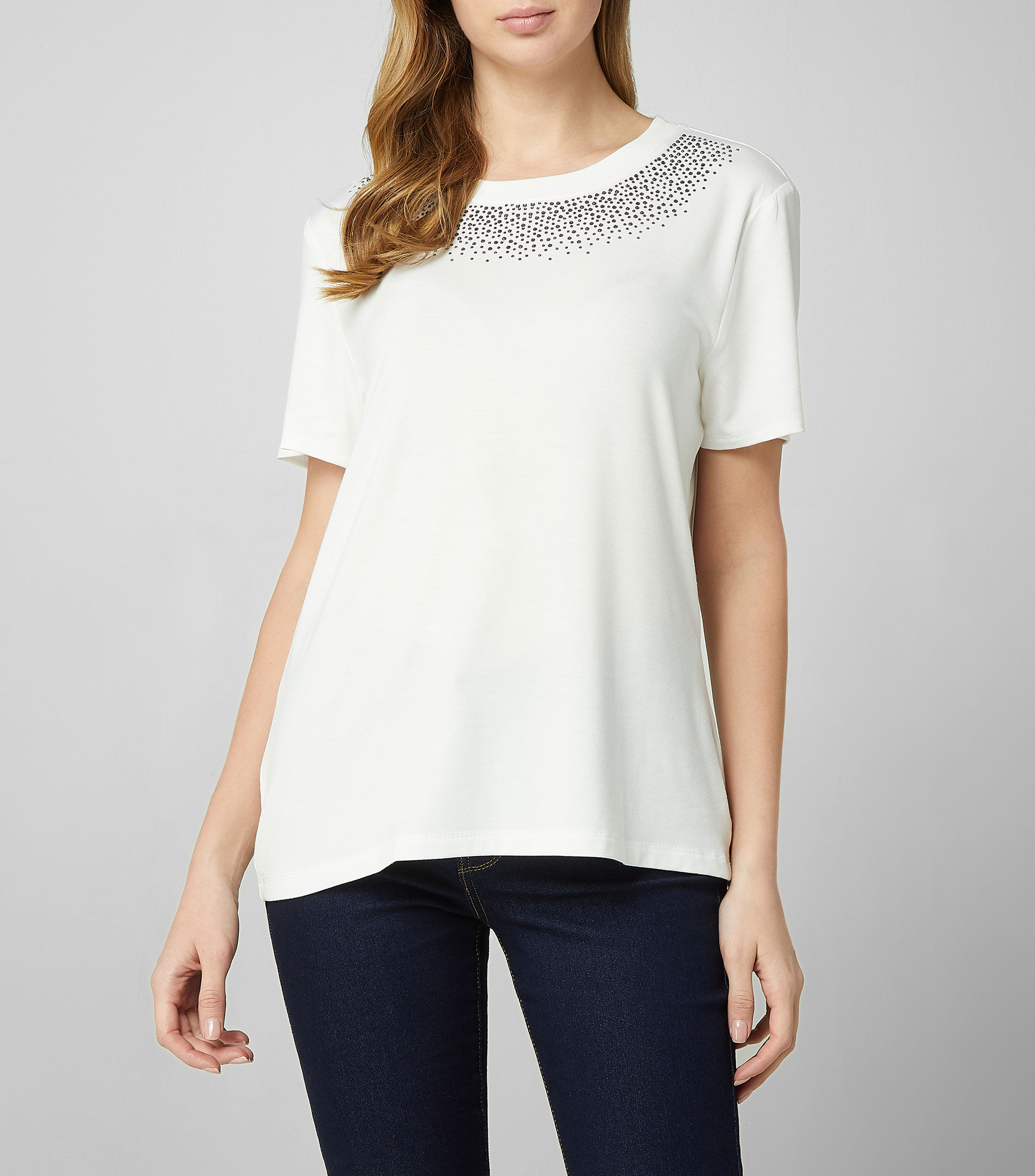 Camiseta, Rayas De Pedrería, Cuello Redondo, Media Manga, Turquesa Claro | Ulla Popken