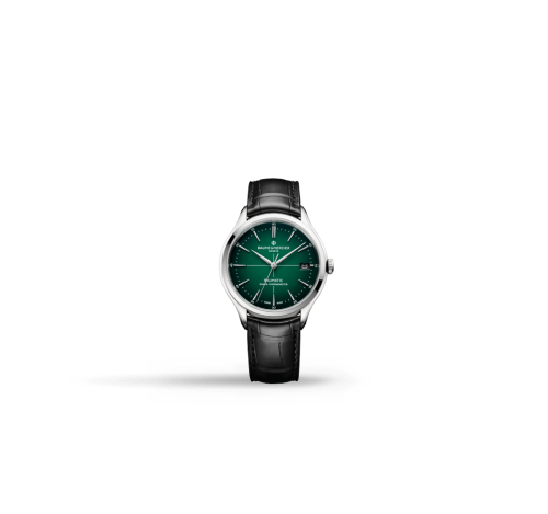 Imagen de reloj plata con caratula verde y extensible negro. BAUME & MERCIER