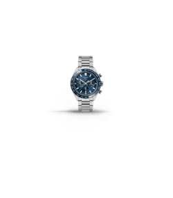 Imagen de un reloj plateado con carátula azul de la marca TAG HEUER