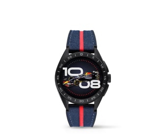Imagen de un reloj color negro con extensible azul y rojo la marca TAG HEUER