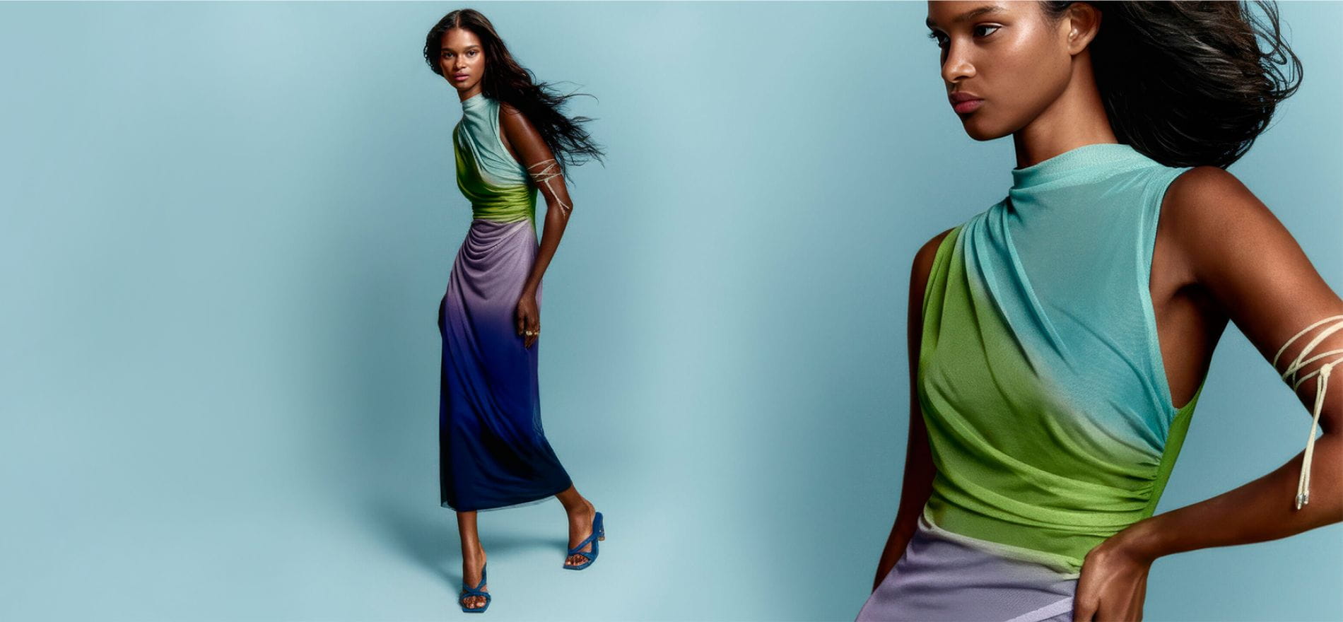 Mujer con vestido de colores marca DESIGUAL