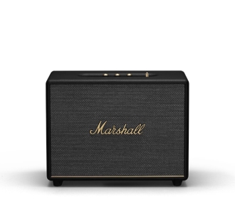 Imagen de una bocina grande color negra con las letras de la marca MARSHALL en doradas