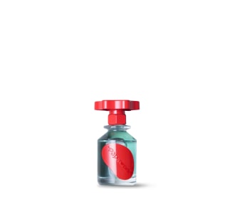 Perfume con tapa y etiqueta rojos