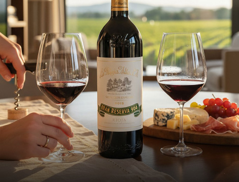 imagen de dos copas con vino tinto y una botella de vino tinto