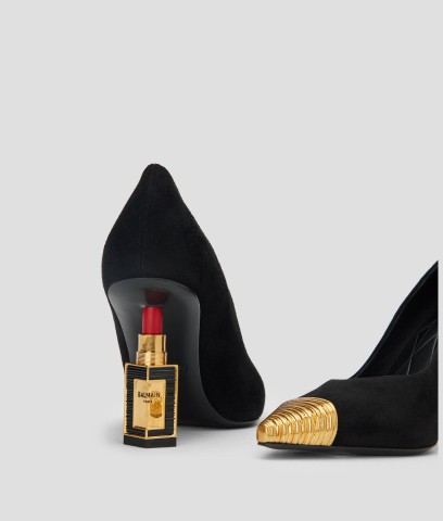 Zpatillas color negras con punta dorada y tacon en forma de labial  BALMAIN