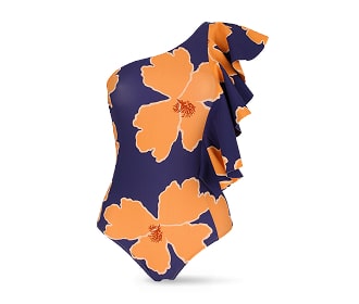 Imagen traje de baño completo azul con flores narajas Vacaciones