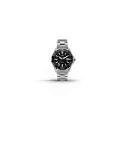 Imagen de un reloj plateado con carátula negra de la marca TAG HEUER