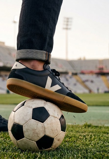 Imagen de los pues de un hombre usando tenis color vino con blanco VEJA