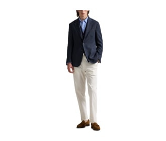 hombre con  pantalon blanco, saco azul, POLO RALPH LAUREN
