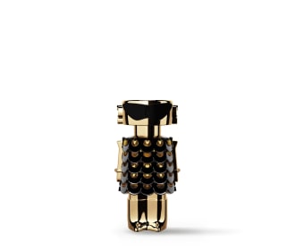 Imagen de un frasco de perfume con forma de robot color dorado con plateado