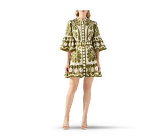 vestido color hueso con estampado verde, Vestidos de Fiesta,