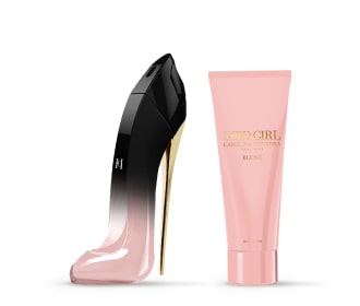 Imagen de botella de perfume en forma de zapatilla rosa con negro y tubo de crema rosa