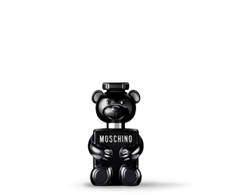 Imagen de un frasco de perfume, color negro en forma de oso de la marca MOSCHINO. MOSCHINO