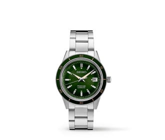 reloj plateado con caratula verde detalles blancos, SEIKO