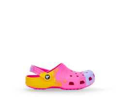 Imagen de una sandalia rosa, amarillo y morado, CROCS