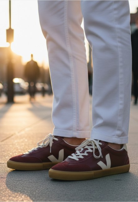 Imagen de los pues de un hombre usando tenis color vino con blanco VEJA