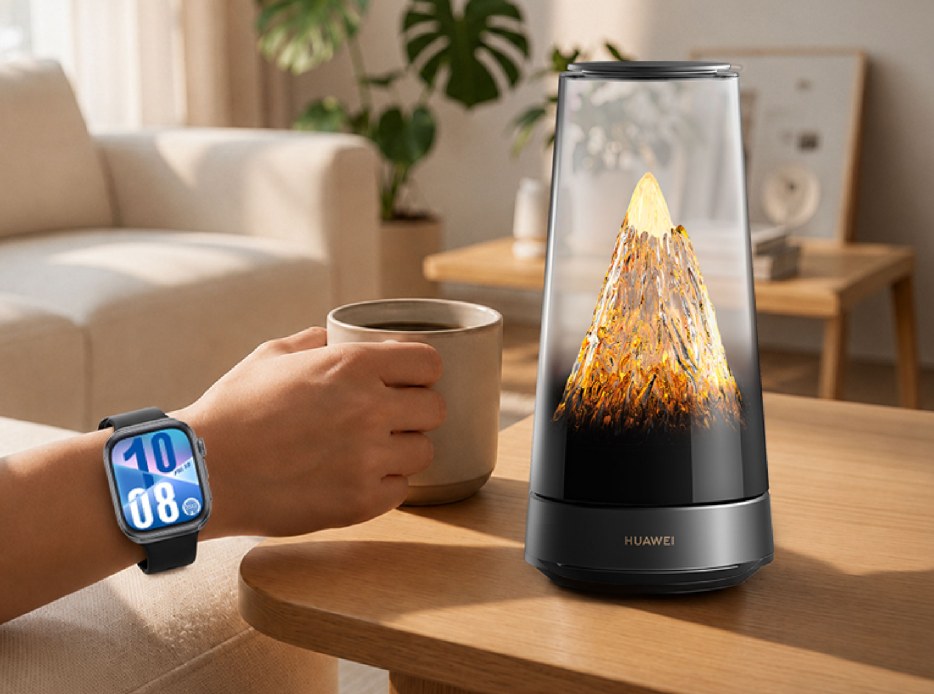 Smartwatch y bocina con luz ambiental de Huawei sobre una mesa de madera.
