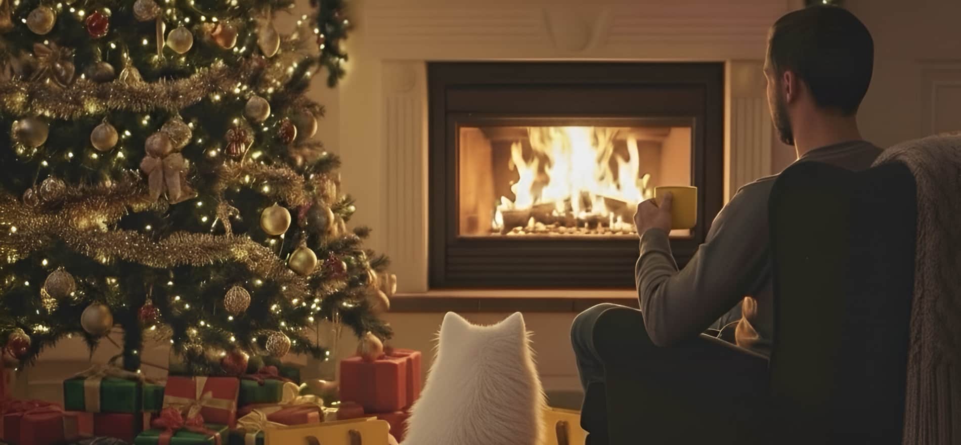 Hombre sentado frente a una chimenea junto a su perro y un árbol de navidad