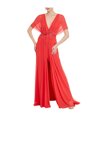 Vestido de noche con escote en la entre pierna color rojo. PRONOVIAS