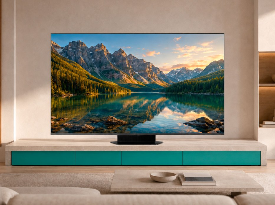  Pantalla Hisense ULED exhibiendo un paisaje de monta&ntilde;as en una sala de estar