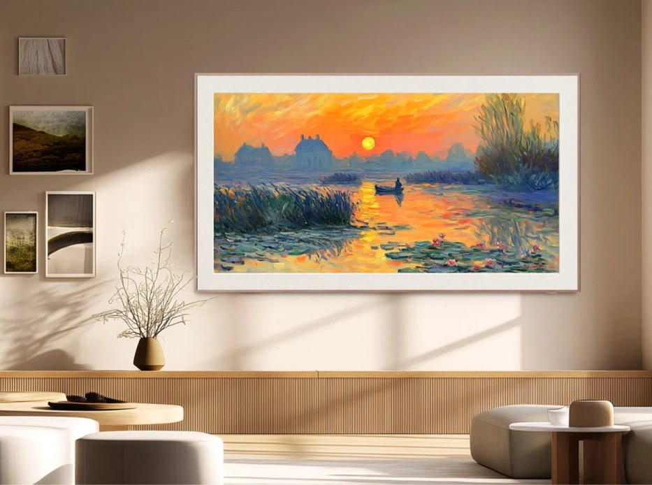 Pantalla TCL tipo cuadro de arte con pintura al &oacute;leo en pared beige
