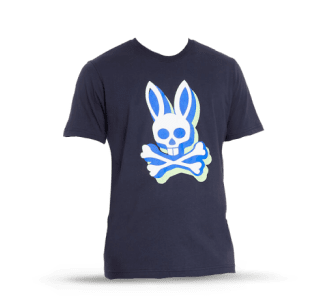 playera de color azul con estampado. PSYCHO BUNNY