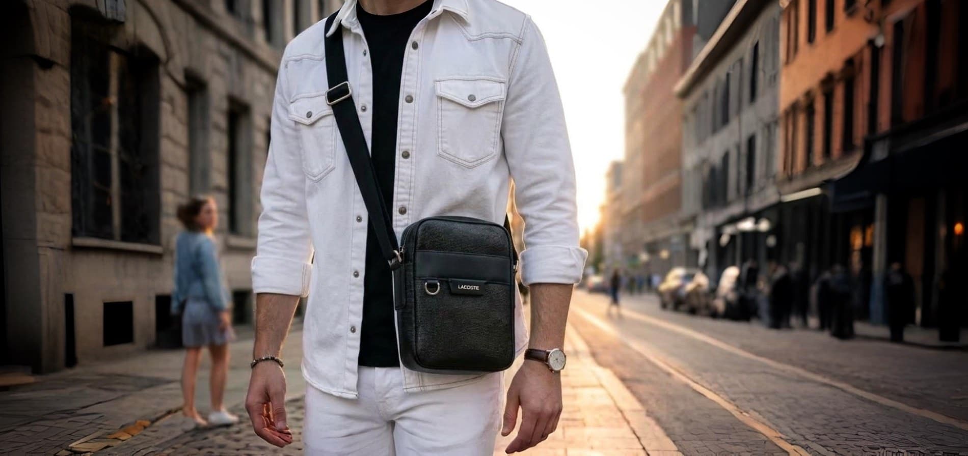 Imagen de un hombre usando ropa blanca y una mochila lateral negra