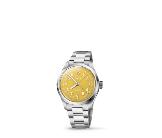 Reloj plateado con carátula amarilla