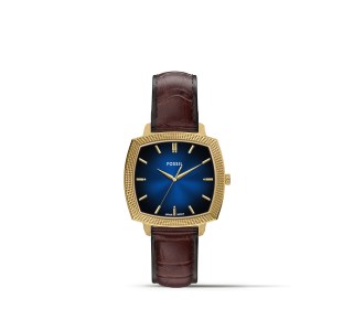reloj de correa cafe, marco dorado y caratula azul Fossil