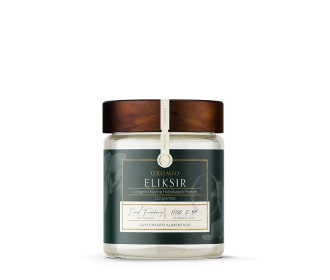 frasco con etiqueta verde y tapa cafe