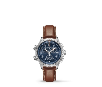 Reloj con correa cafe  y caratula azul. HAMILTON