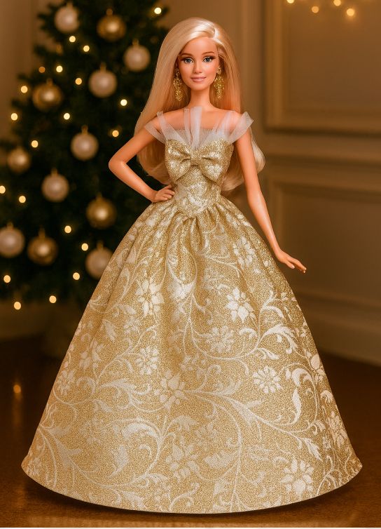 mu&ntilde;eca barbie con vestido dorado
