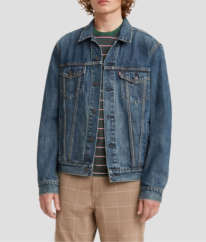 Hombre con chamarra de mezclilla color azul y pantalon cafe Levi’s