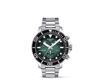Imagen de reloj plateado con verde. TISSOT