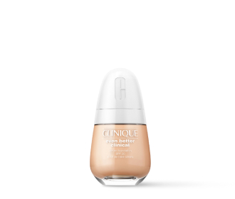 Imagen de un frasco de bace de maquillaje en forma de gota con tapa blanca de la marca CLINIQUE