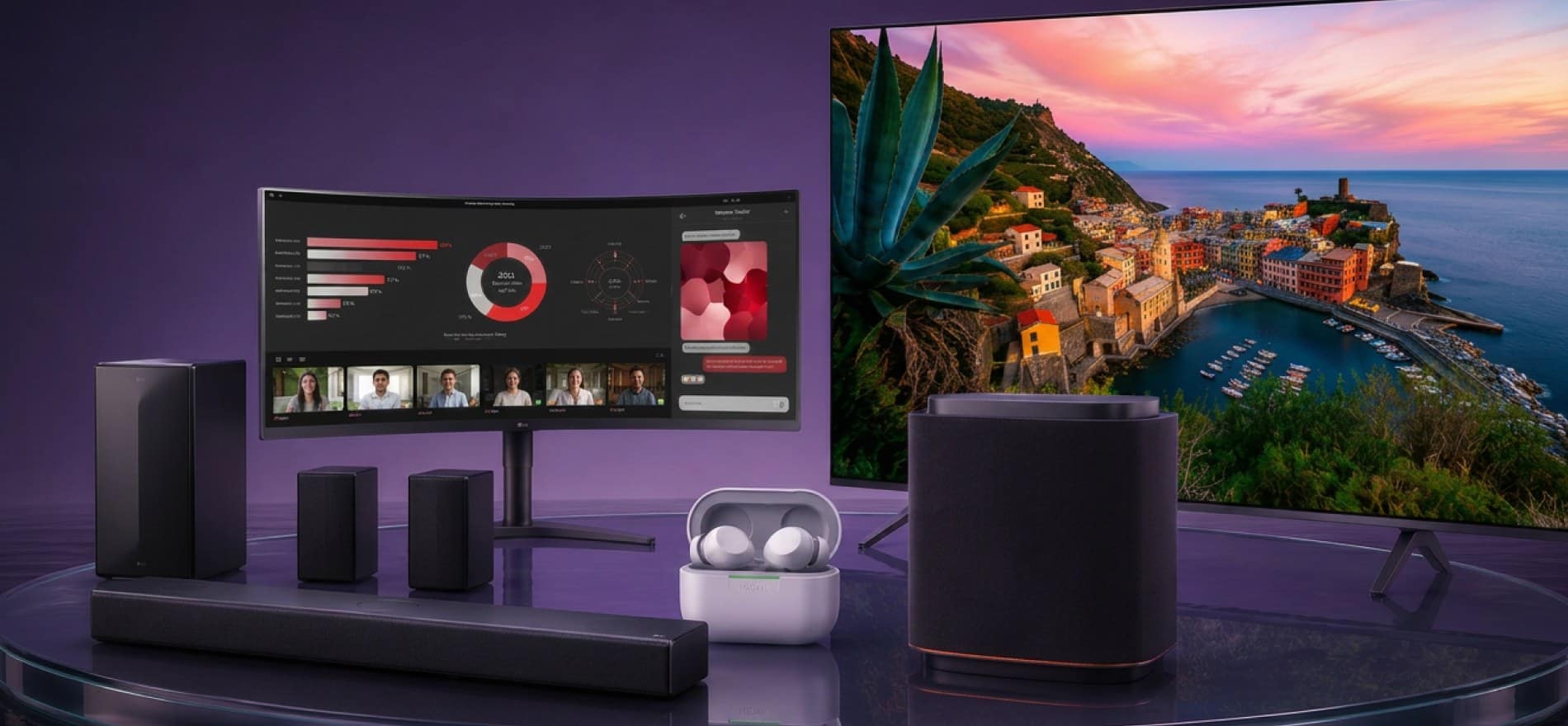 Pantalla Smart TV, monitor curvo, barra de sonido y aud&iacute;fonos inal&aacute;mbricos marca LG