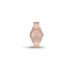 Imagen de un reloj rosado con las letras MK en la caratula, MICHAEL KORS