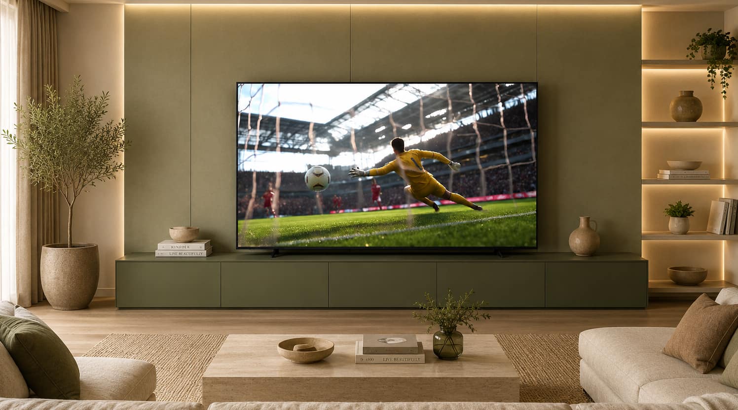 Pantalla de TV de alta definici&oacute;n en sala de estar moderna