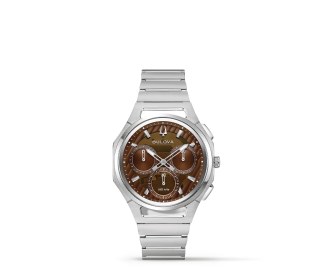 Reloj plateado con caratula cafe de la marca BULOVA
