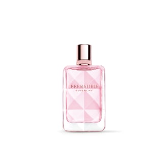 Frasco de perfume color rosa con tapa plateada, GIVENCHY