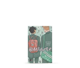Imagen de libro donde se ven dos hombres de traje verde y dice Heartstopper en letras color rosa, Libros