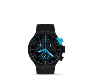 Reloj negro con detallas azules, SWATCH