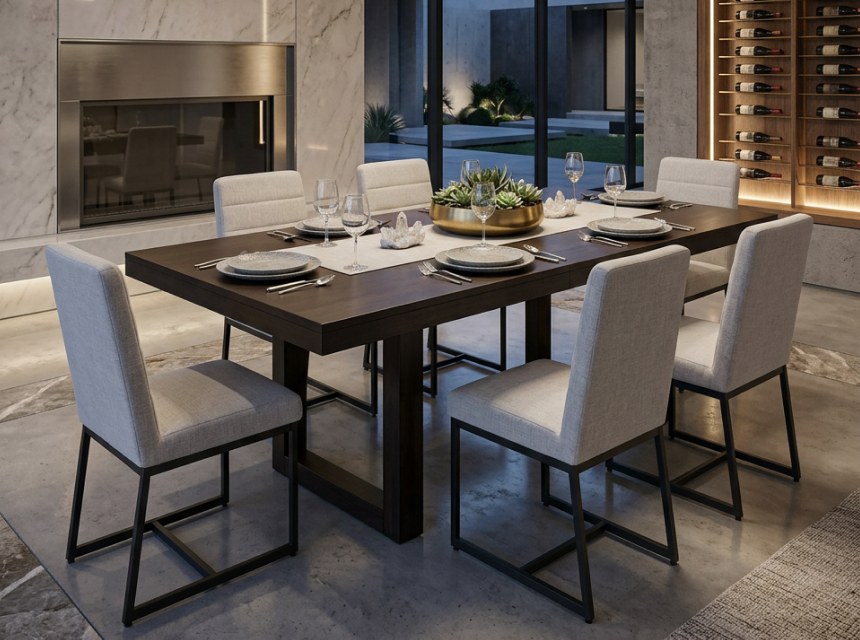 comedor negro con sillas blancas