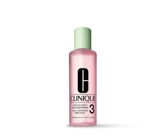 Imagen de botella de Exfoliante de color rosa con tapa verde de la marca CLINIQUE